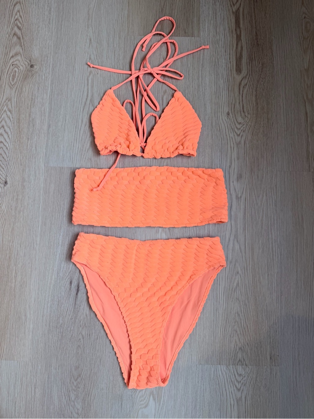 Good American Bright Orange Textured 3-Piece Bikini Set